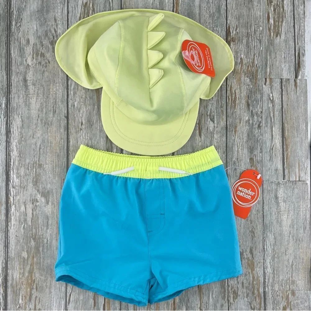 Baby Boys Swim Trunks Shorts & Legionnaire Hat with Dinosaur Spikes Size 18M